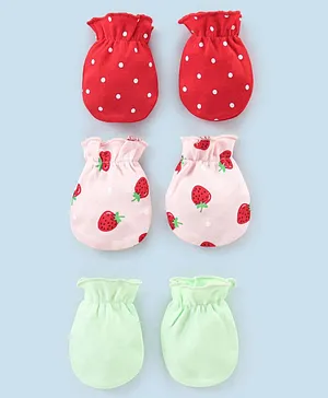 Babyhug 100% Cotton Mittens Strawberry & Dot Print Pack of 3- Pink & Red