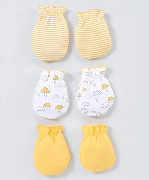 Babyhug 100% Cotton Mittens Stripes & Cloud Print Pack of 3 - Yellow & White