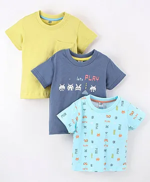 Zero Cotton Half Sleeves T-Shirt Lets Play Print Pack Of 3- Blue & Green