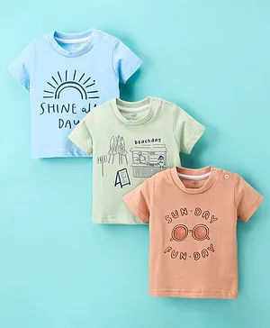 Zero Cotton Half Sleeves T-Shirt Text Print Pack of 3- Peach & Green