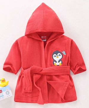 Babyhug Cotton Full Sleeves Penguin Embroidery Hooded Bath Robe - Coral Red