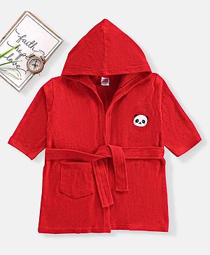 Babyhug Cotton Full Sleeves Panda Embroidery Hooded Bath Robe - Red