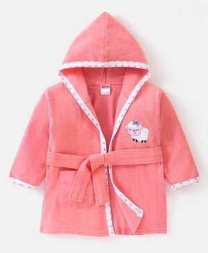 Babyhug Full Sleeves Hooded Terry Bath Robe Sheep Embroidery - Pink