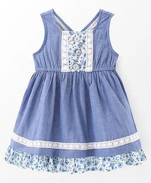 Babyhug Cotton Sleeveless Fit & Flare Frock With Embroidery & Floral Print- Blue