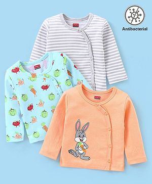 Babyhug 100% Cotton Antibacterial Full Sleeves Vests Bunny & Stripe Printed Pack of 3 - Peach & Blue