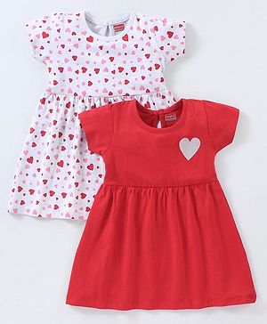 Babyhug 100% Cotton Knitted Half Sleeves Heart Print Frocks Pack of 2 - Grey & Red