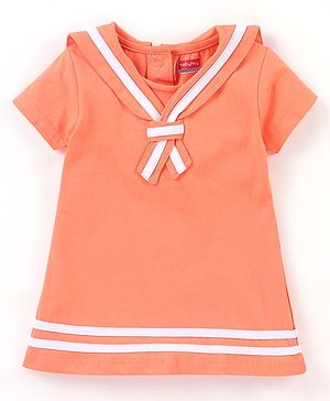 Babyhug 100% Cotton Knit Half Sleeves Frock with Collar Detailing Solid Color - Peach