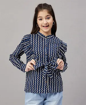 Stylo Bug Full Sleeves Seamless Zig Zag Printed & Flounce Detailed Front Bow Tie Up Top - Blue