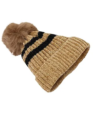 Kid-O-World Striped & Pom Pom Embellished Bobble Cap - Brown