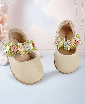 KazarMax Floral Strap Applique Self Design Mary Janes - Beige