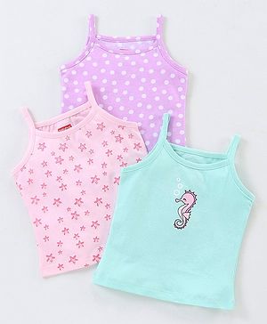 Babyhug 100% Cotton knit Sleeveless Sea Horse & Dot Printed Slips Pack of 3 - Blue Pink & Purple