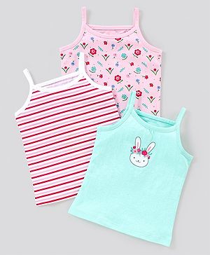 Babyhug 100% Cotton Sleeveless Striped Slips Floral Print Pack of 3 - Red Pink & Blue