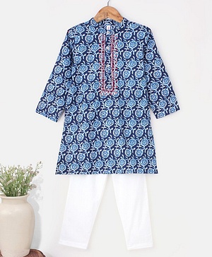 Babyhug 100% Cotton Full Sleeves Kurta With Payjama Set Embroidered - Indigo