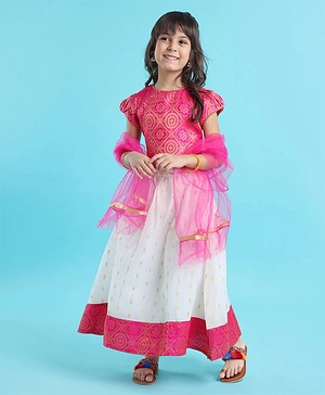 Babyhug 100% Cotton Woven Short Sleeves South Pavda Pattu & Lehenga Set Embroidery Detailing - Pink