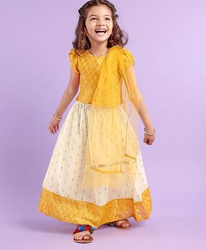 Babyhug 100% Cotton Woven Half Sleeves South Pavda Pattu & Lehenga Set Embroidered - Yellow