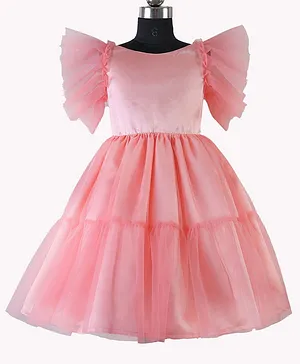 HEYKIDOO Flutter Sleeves Solid Tiered Party Dress - Peach
