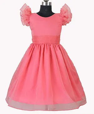 HEYKIDOO Short Flutter Sleeves Solid Party Dress - Peach