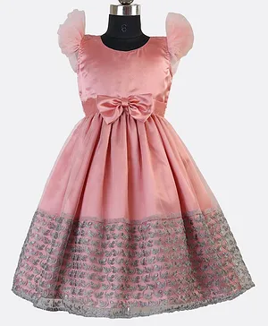 HEYKIDOO Short Flutter Sleeves Bow Embellished and Floral Embroidered Party Dress - Peach