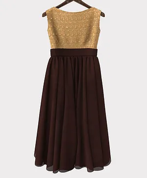 HEYKIDOO Sleeveless Floral Design Embroidered Gown - Dark Brown