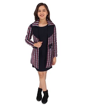 Cutecumber Full Sleeves Balanced Striped Coat With Solid Sweater Dress - Navy Blue