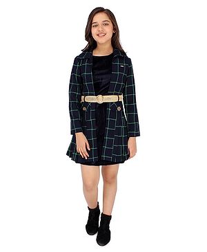 Cutecumber Full Sleeves Checked Jacket & Sleeveless Solid Dress With Belt - Navy Blue