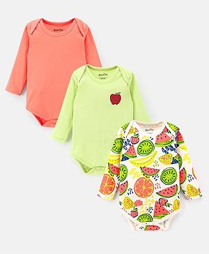 Bonfino 100% Cotton Interlock Frill Sleeves Rompers Watermelon & Orange Print Pack of 3- Green & Pink