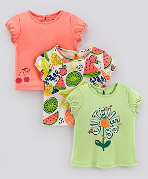 Bonfino 100% Cotton  Interlock Short Sleeves T-Shirt Cherry & Watermelon Print Pack of 3- Green & Peach