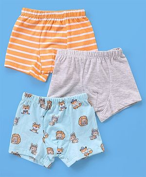 Babyhug 100% Cotton Knit Boxers Striped & Wild Animal Print Pack of 3 - Orange Grey & Blue