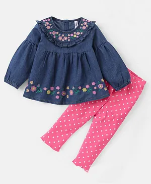 Babyhug 100% Cotton Knit Puffed Sleeves Floral Embroidered Top & Leggings Set Polka Dots Print - Mid Blue & Pink
