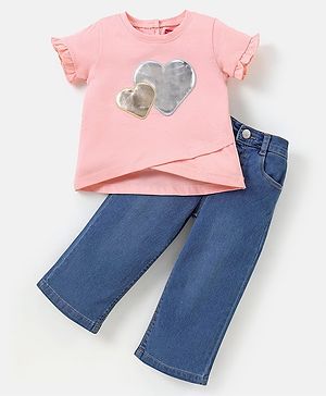 Babyhug 100% Cotton Half Sleeves Top & Jeans Set with Heart Foil Patch - Peach & Mid Blue