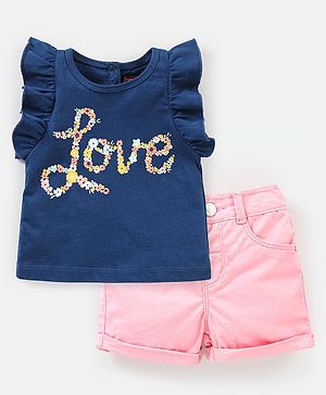 Babyhug 100% Cotton Frill Sleeves Top & Shorts Set Floral Text Print- Navy & Pink