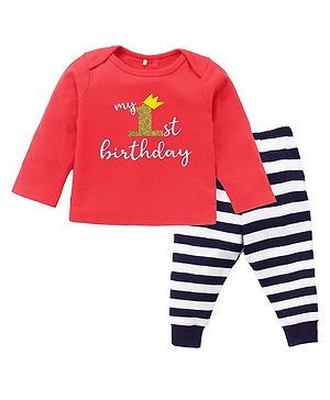 Kadam Baby Birthday Theme Full Sleeves My 1st Birthday Glitter Printed T Shirt Pyjama Set - Red Black