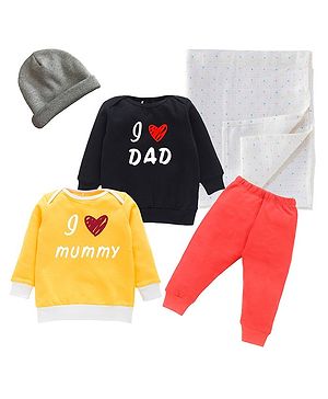 Kadam Baby Full Sleeves I Love Dad And I Love Mummy Printed Tees And Solid Joggers With Cap And Baby Wrap Set - Multi Colour