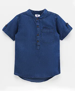 TONYBOY Hall Sleeves Placement Embroidered Shirt - Indigo Blue