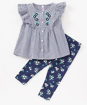 Babyhug 100% Cotton Frill Sleeves Top & Leggings Set Floral Print & Embroidery- Blue