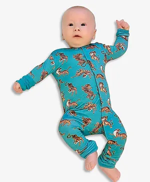 Tara Fe London 95% Bamboo Full Sleeves Tiger Printed Magnetic Button Closure Footed Romper - Teal Green