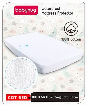 Babyhug Waterproof 100% Terry Cotton Breathable Fitted Mattress Protector Cover- White