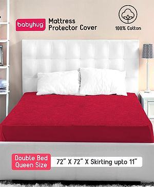 Babyhug Waterproof 100% Terry Cotton Breathable Fitted Double Bed Queen Size Mattress Protector Cover - Maroon