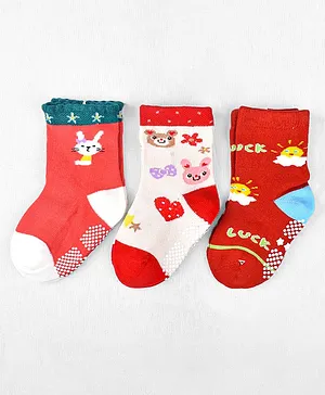 Footprints Organic Cotton Pack Of 3 Pairs Unisex Bunny & Teddy Design Anti Skid Socks - Red