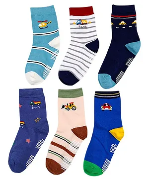 Footprints Pack Of 6 Organic Cotton Striped & Animal Theme Bear & Dinosaur Designed Anti Skid Socks - Multi Colour