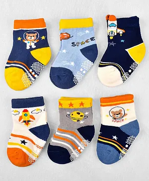 Footprints Pack Of 6 Organic Cotton Striped & Galaxy Theme Astronaut Bear Designed Anti Skid Socks - Blue