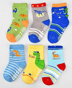 Footprints Organic Cotton Antiskid Pack Of 6 Animal Detailed Socks - Multi Colour