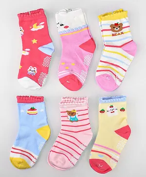 Footprints Organic Cotton Antiskid Pack Of 6 Teddy Detailed And Striped Socks - Multi Colour