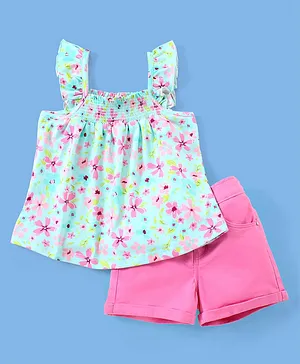Babyhug 100% Cotton Knit Sleeveless Floral Print Top & Woven Shorts - Mint & Pink