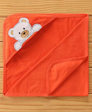 Babyhug Terry Cotton Knit Hooded Towel Teddy Applique - Orange