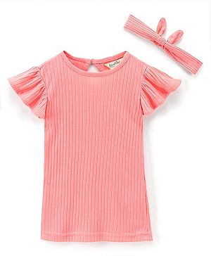 Bonfino Knit Flutter Sleeves Solid Frock With Headband- Peach