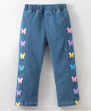 Kookie Kids Full Length Washed Denim Jeans Butterfly Print - Blue