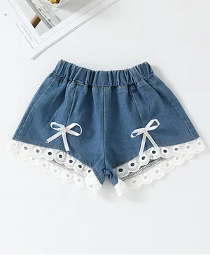 Kookie Kids Mid Thigh Washed Denim Shorts With Lace Applique - Blue