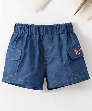 Kookie Kids Knee Length Washed Denim Shorts With Teddy Embroidery  - Blue