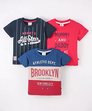Mini Donuts Cotton Half Sleeves T-Shirt Text Print Pack of 3- Blue & Red